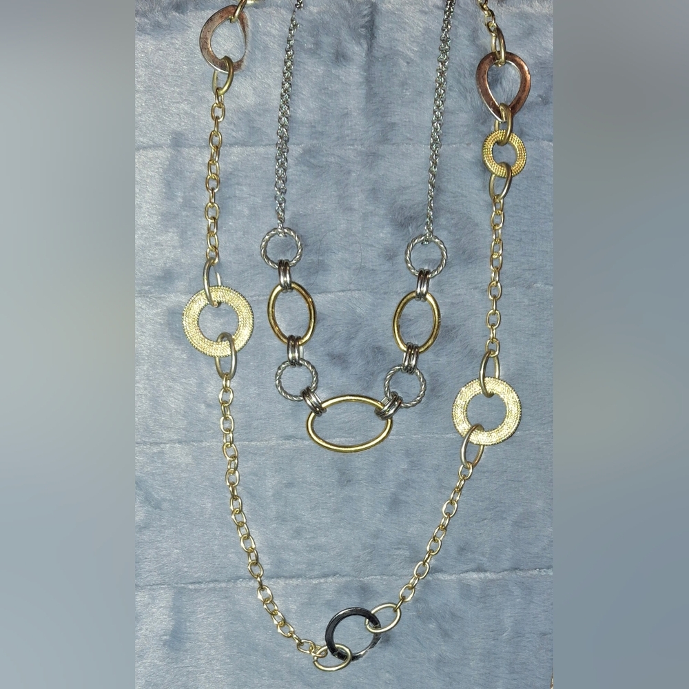 Pair Asymmetrical Two-Tone Statement Necklaces Li… - image 6